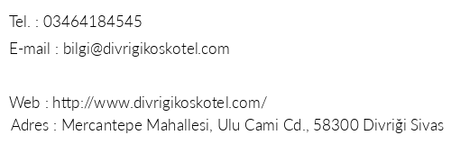 Divrii Kk Hotel telefon numaralar, faks, e-mail, posta adresi ve iletiim bilgileri